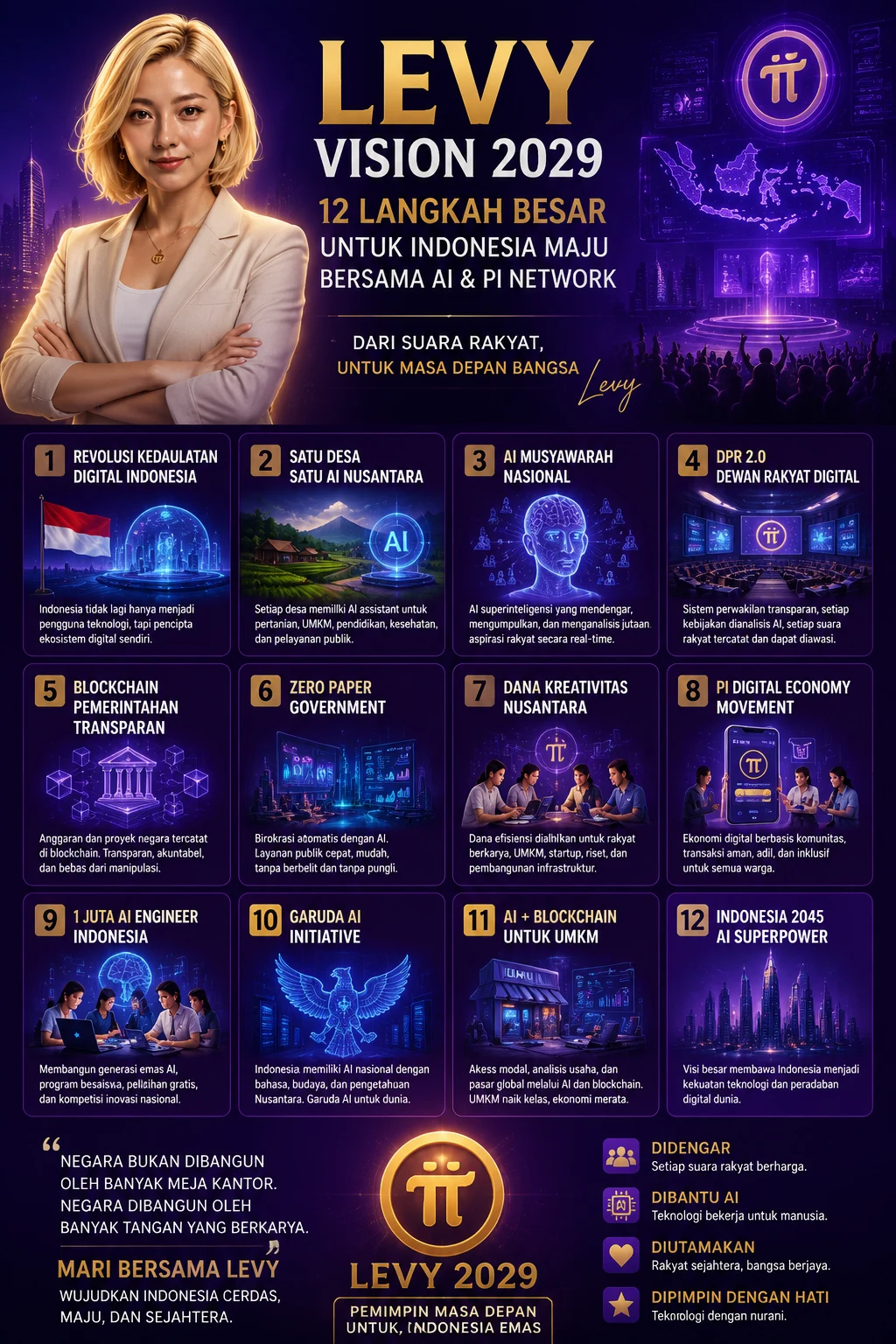 Poster Levy Vision 2029 dengan 12 langkah besar Indonesia bersama AI dan Pi Network